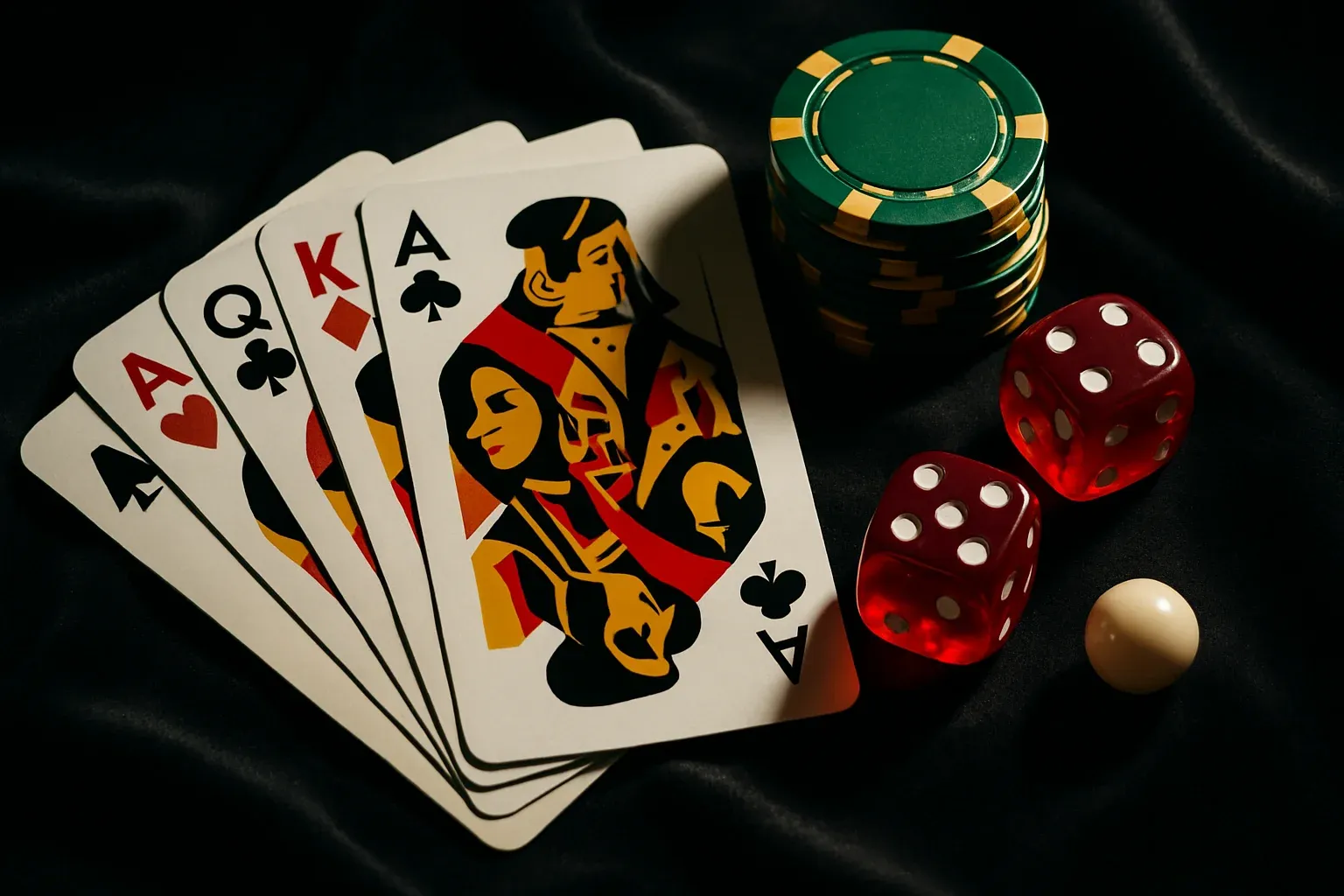 Top-down casino flat lay with cards, chips, dice, and roulette ball